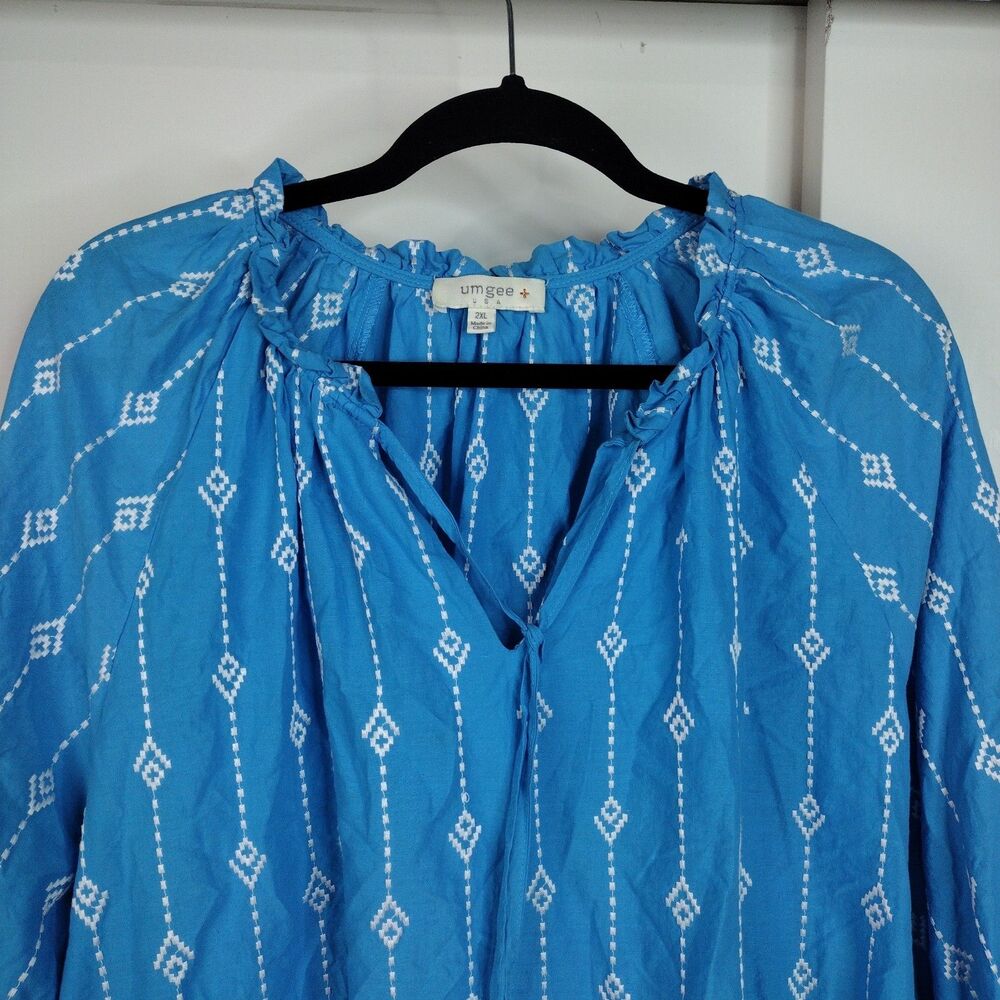 Umgee Collar Split Neck Short Ruffle Sleeves Tiered Mini Dress Plus Sz 2X Blue - Picture 3 of 9